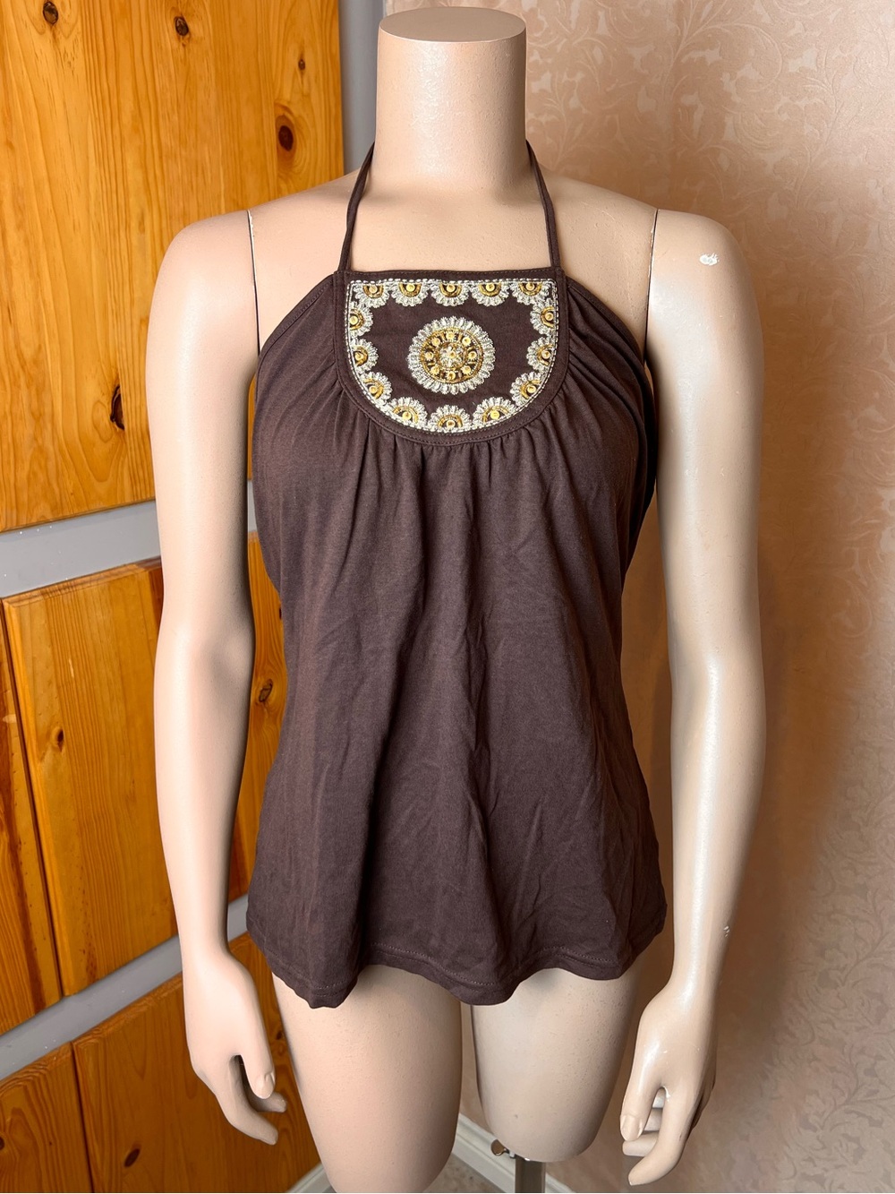 725 Originals Brown Beaded Vintage Boho Cotton Halter Top - Sz L